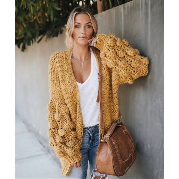 Golden Hour Glow slouchy billowy oversized honeycomb pom slv cardigan sweater - Picture 3 of 9